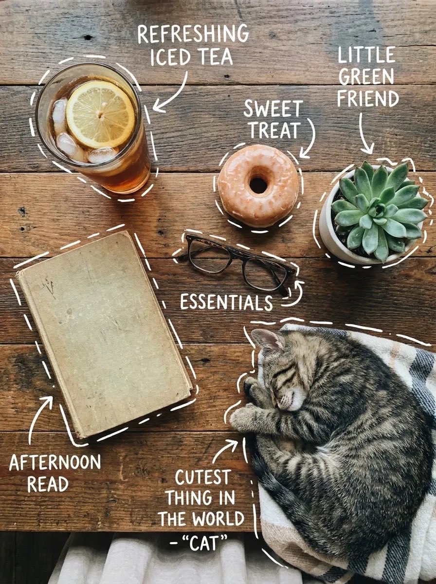 Flat Lay Acogedor con Té Helado, Dona y Gato Durmiendo en Mesa Rústica