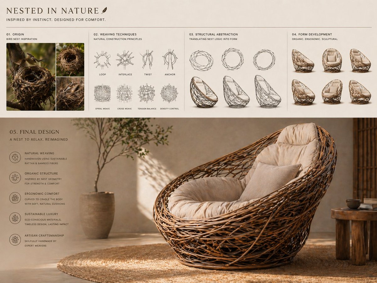 Nido de pájaro a silla lounge diseño conceptual sostenible