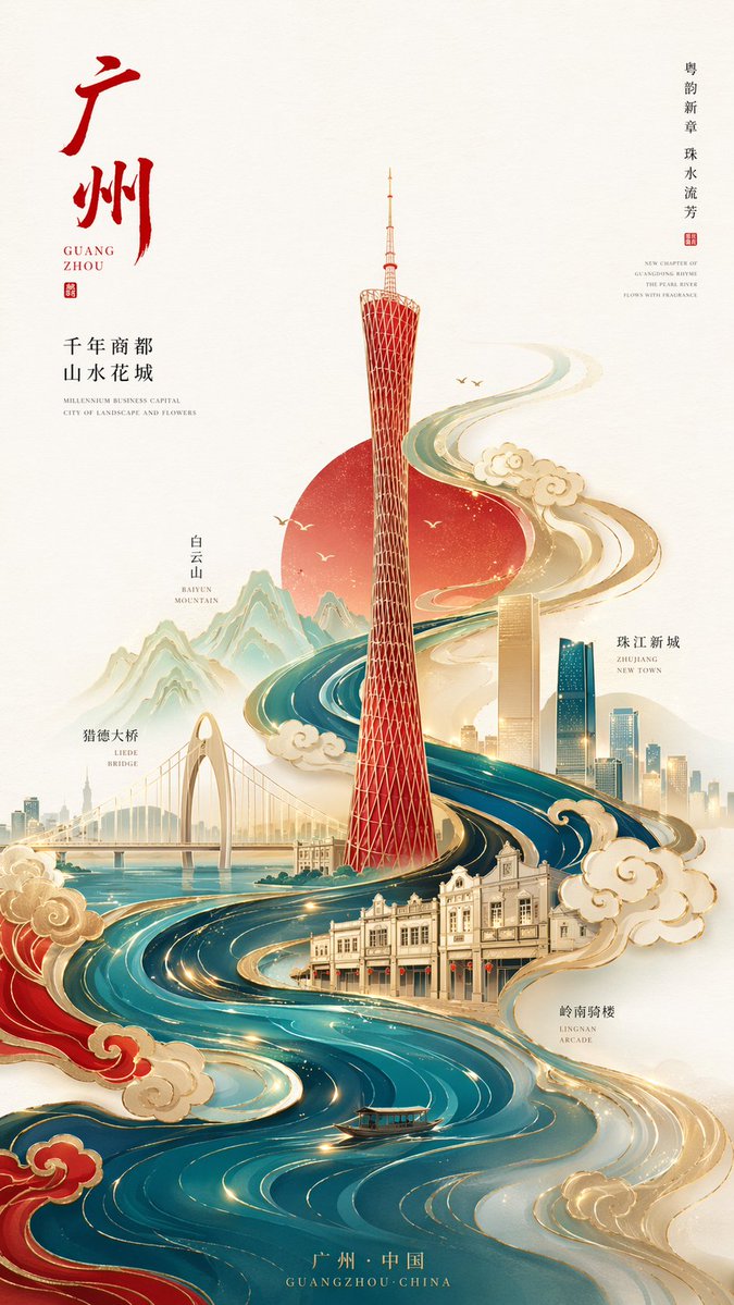 Póster Minimalista Neochino de Guangzhou con Torre de Cantón y Río Perla 8K