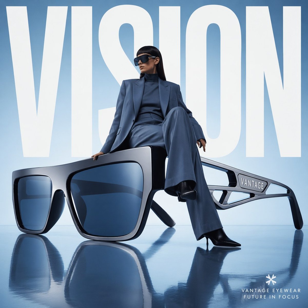 Publicité de Mode Avant-Gardiste avec Lunettes de Soleil Futuristes Surdimensionnées