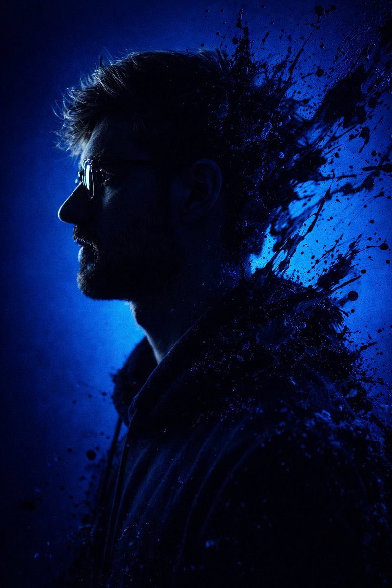 Portrait de profil dramatique avec arrière-plan bleu électrique et éclaboussures saphir