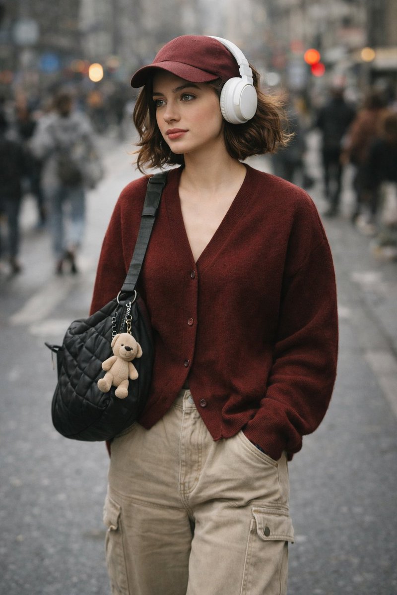 Fotografía Callejera Espontánea: Mujer Elegante en Cárdigan Granate y Cargo