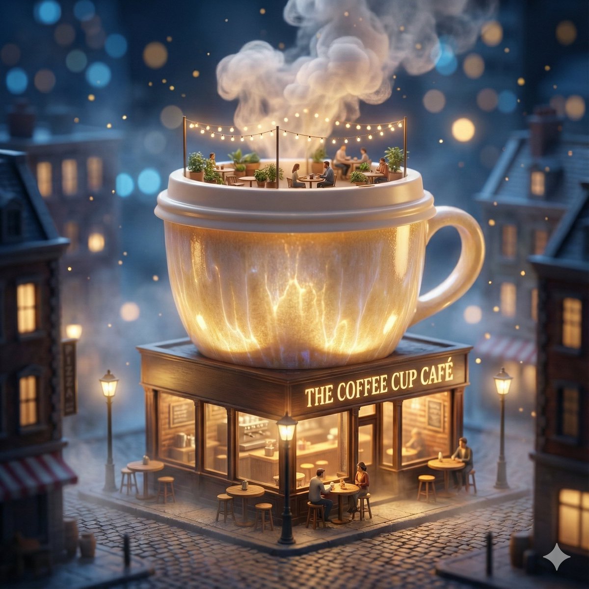 Café Tasse Géante Surréaliste – Mini-Ville Fantastique avec Effet Tilt-Shift