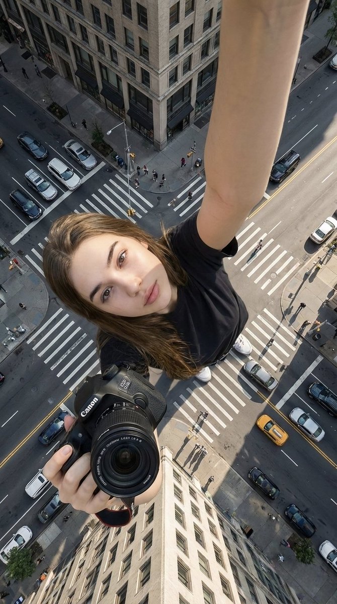 Selfie hiperrealista de cuerpo completo mujer con cámara Canon