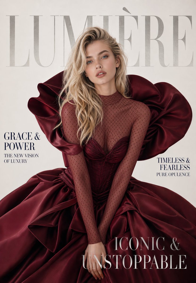 Portada revista LUMIÈRE alta costura rubia platino vestido baile burdeos