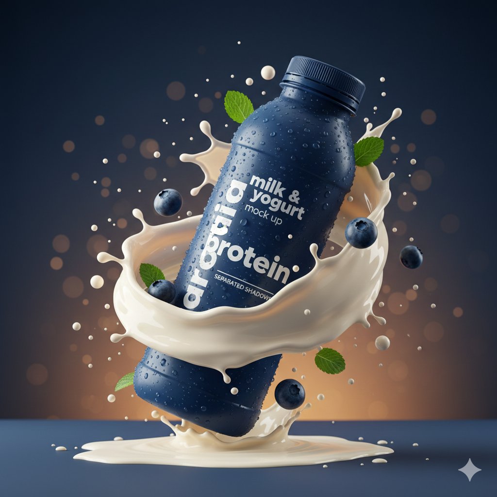 Hyperrealistische Blaue Proteinflasche mit Milchsplash und Blaubeeren