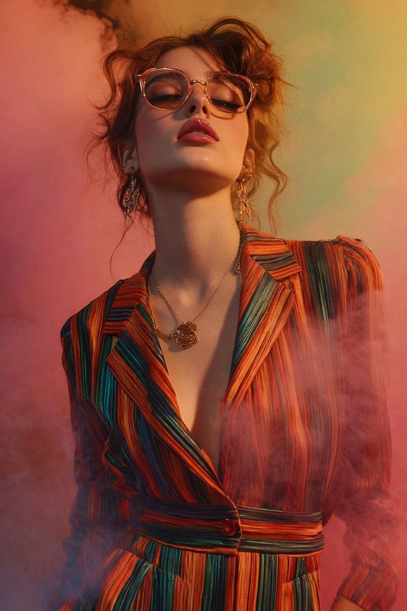 Low-Angle Modeporträt Junge Frau mit Auburn Haar und Runder Brille