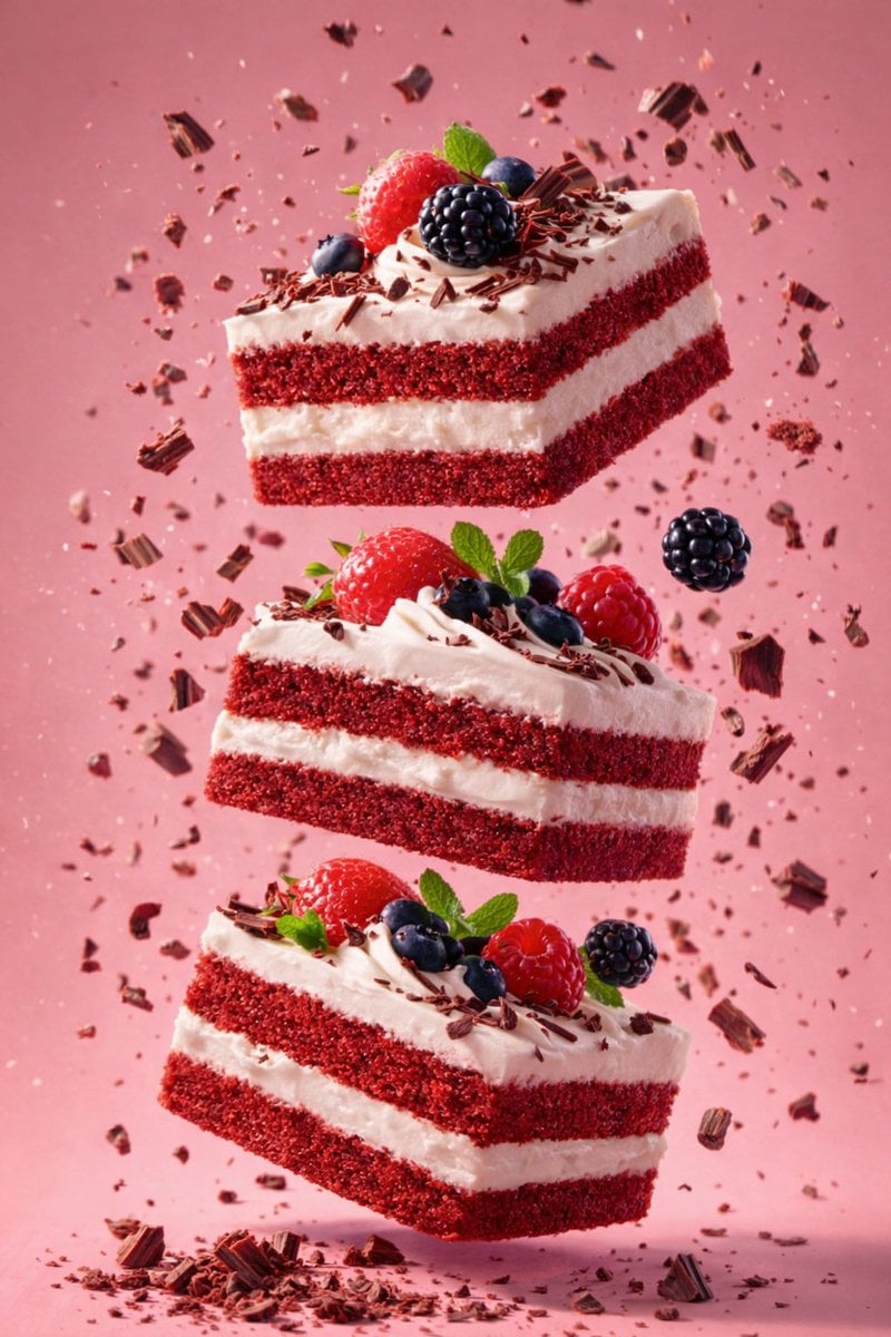 Surreal Schwebender Red Velvet Kuchen 8K Food Fotografie