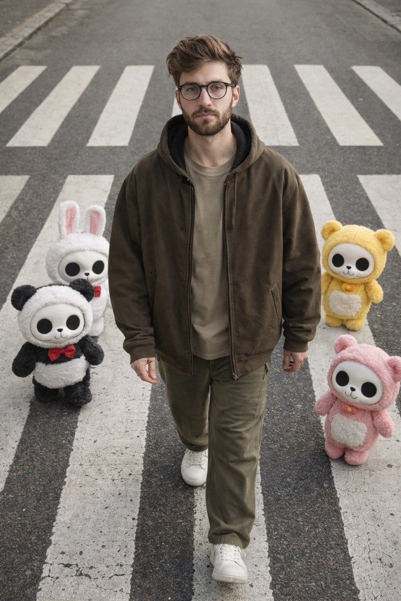Hyperrealistisches Foto eines Mannes auf Zebrastreifen mit Skullpanda-Figuren