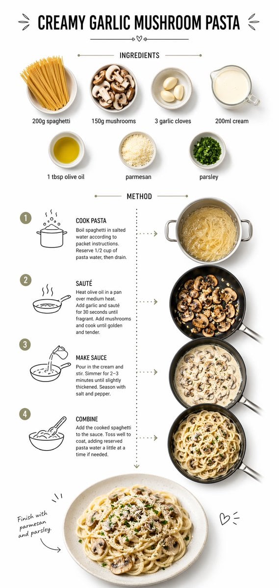 Cremige Knoblauch-Pilz-Pasta Rezept Infografik