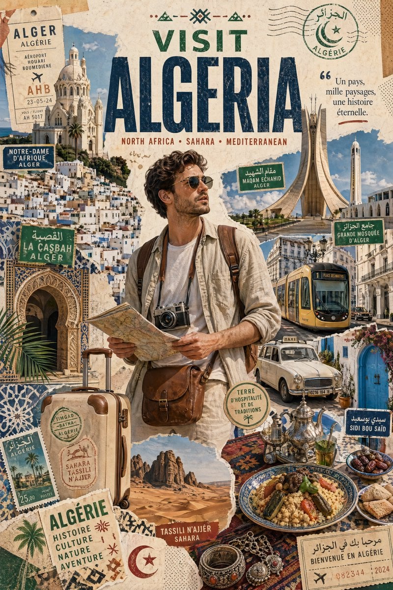 Algeria Travel Poster: Stylish Tourist Graphic Collage