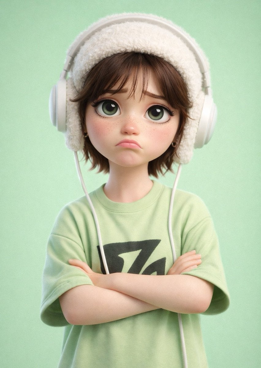 Pixar Style Sad Cartoon Boy in Beanie and Headphones 3D Render
