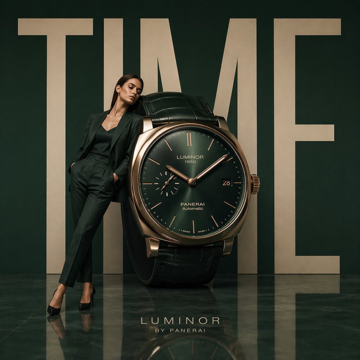 Campaña de Relojes de Lujo Minimalista con Escultura del Tiempo