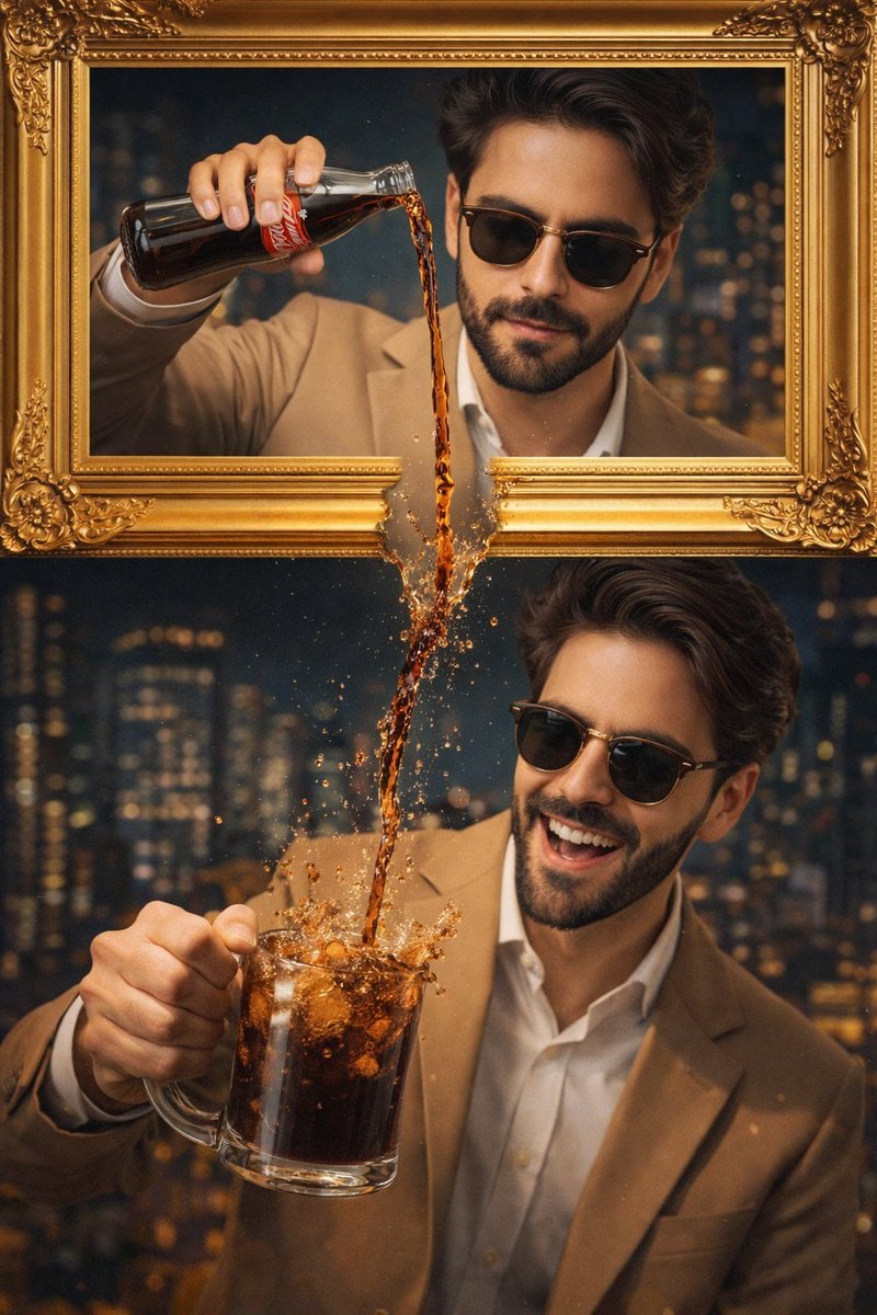 Stilvoller Mann gießt Coca-Cola in verschnörkelten Goldrahmen Split-Bild
