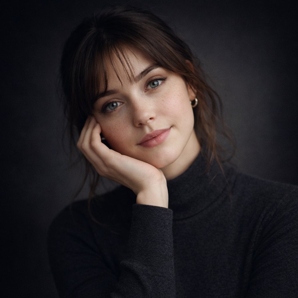 Ultra realistisches Studio Porträt junge Frau mit grau blauen Augen