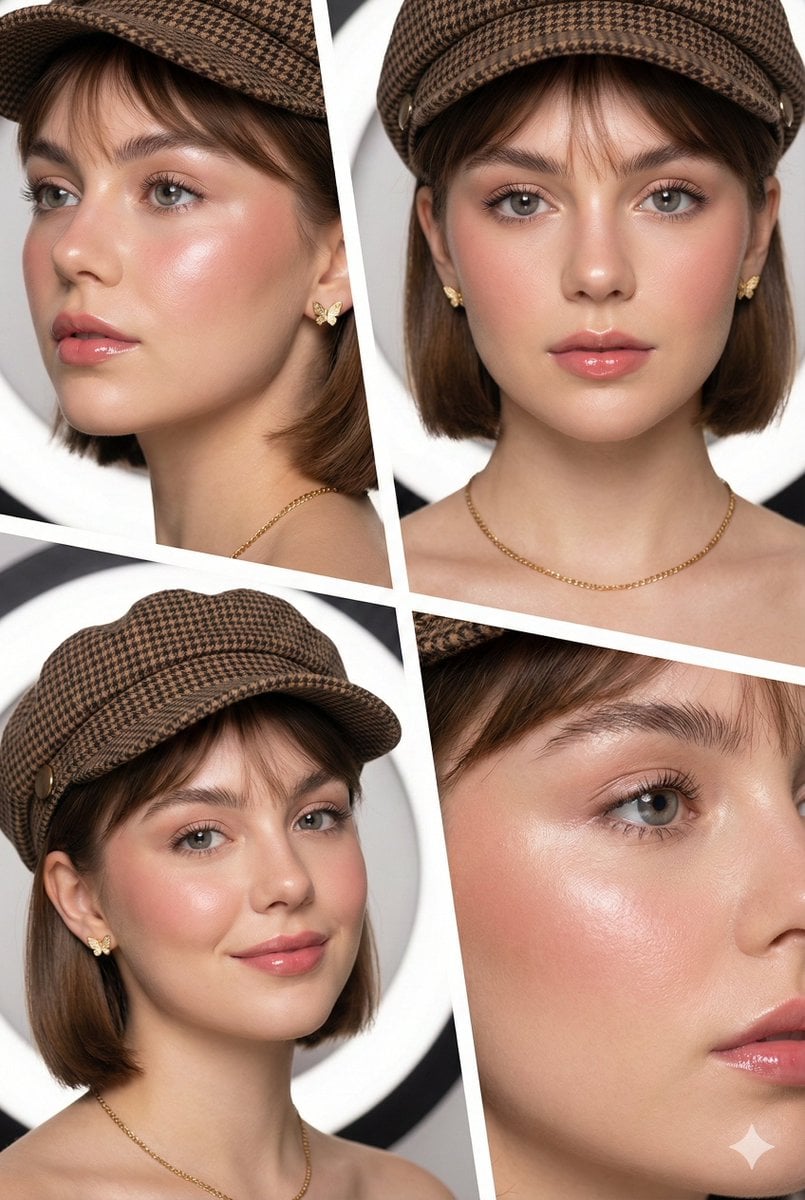 Collage Editorial Belleza Piel de Vidrio K-Beauty 4 Paneles con Gorra Newsboy
