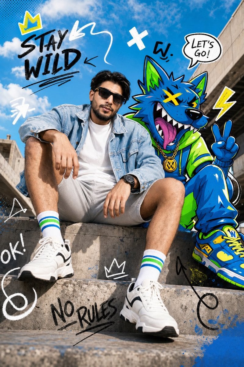 Modelo Confiado con León de Cartoon Neón en Editorial de Moda Urbana