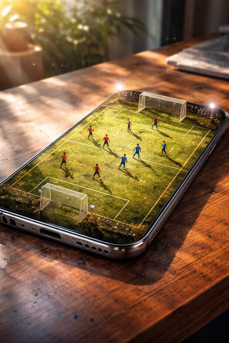 Estadio de Fútbol en Miniatura Hiperrealista en Pantalla de Smartphone