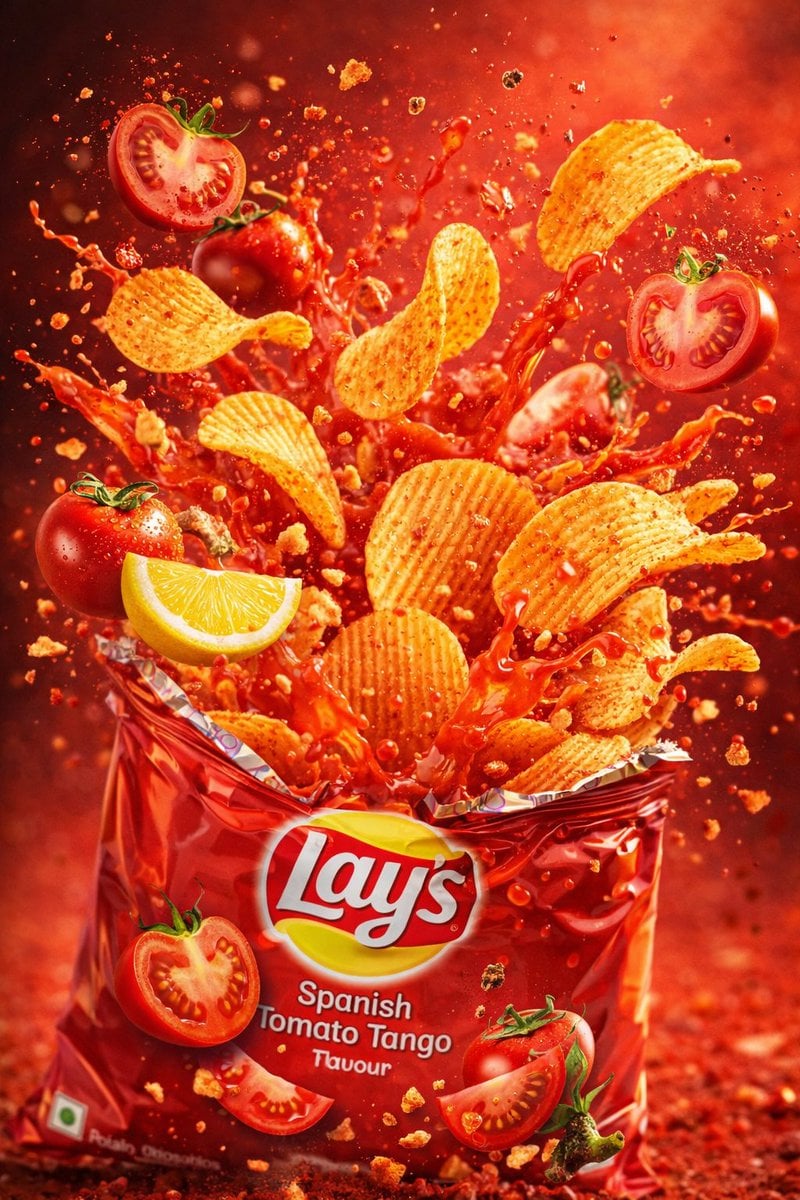 Explosion de Chips Lay's Spanish Tomato Tango Fotografia Alimentaria Ultra Realista