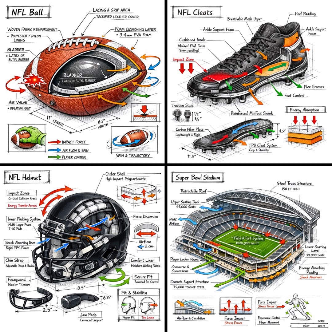 Infografía Técnica Isométrica NFL Football Estructura Interna