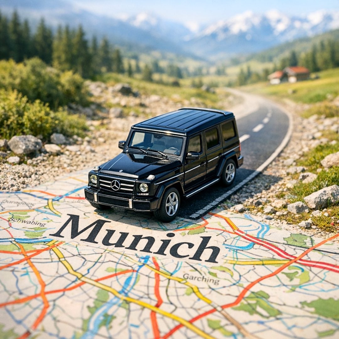 Coche en miniatura surrealista en mapa de papel