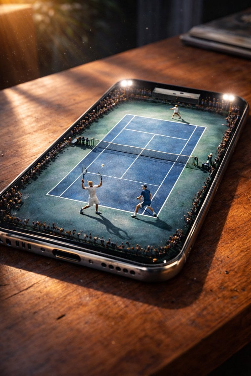 Cancha de tenis en miniatura en pantalla de smartphone foto ultra realista 8K