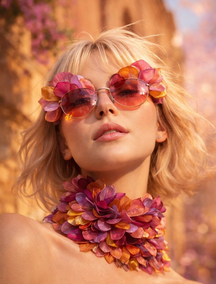 Rubia Platino con Gafas de Sol de Pétalos de Flor y Choker de Alta Costura