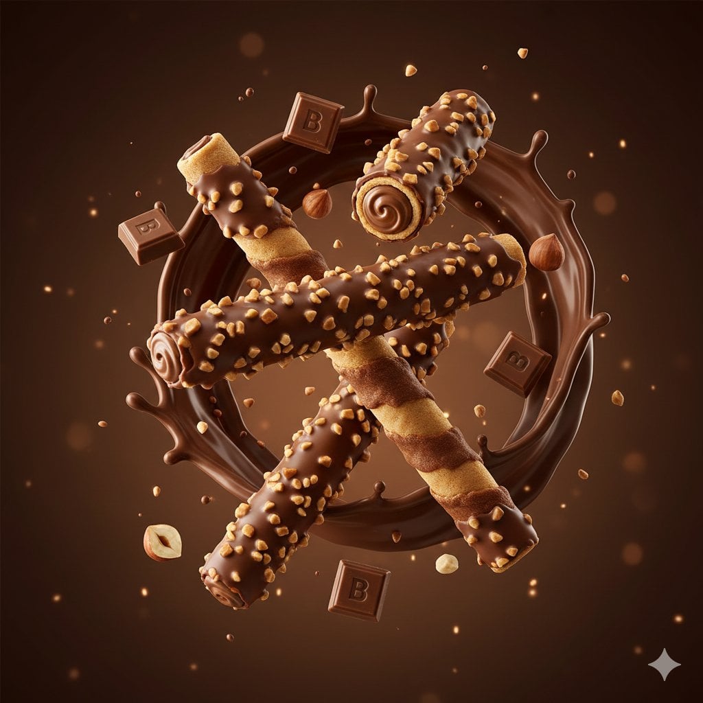 Rollos de oblea de chocolate con leche hiperrealistas en gravedad cero