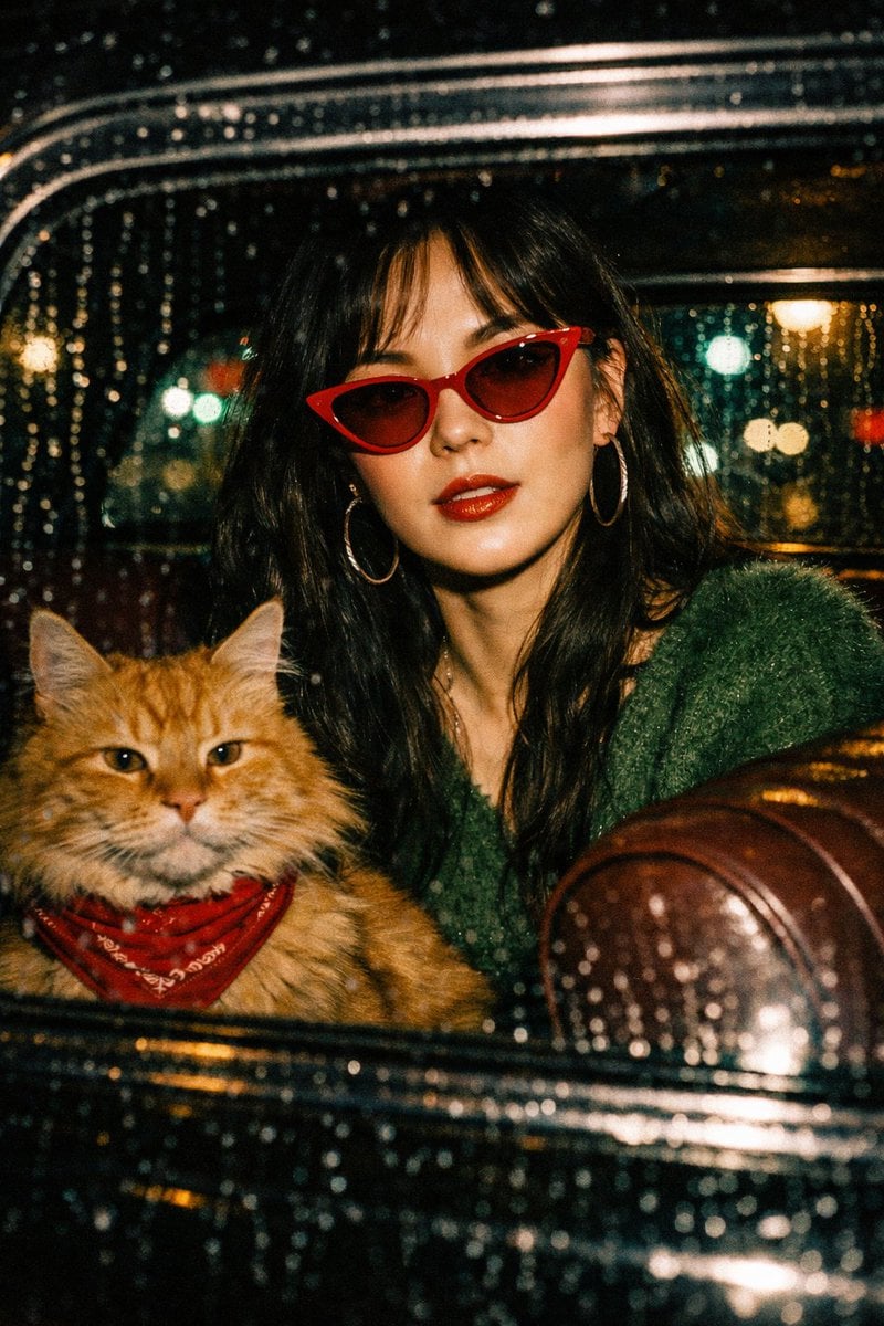 Estética Wong Kar-wai: Mujer Asiática Elegante y Gato Naranja en Coche Vintage