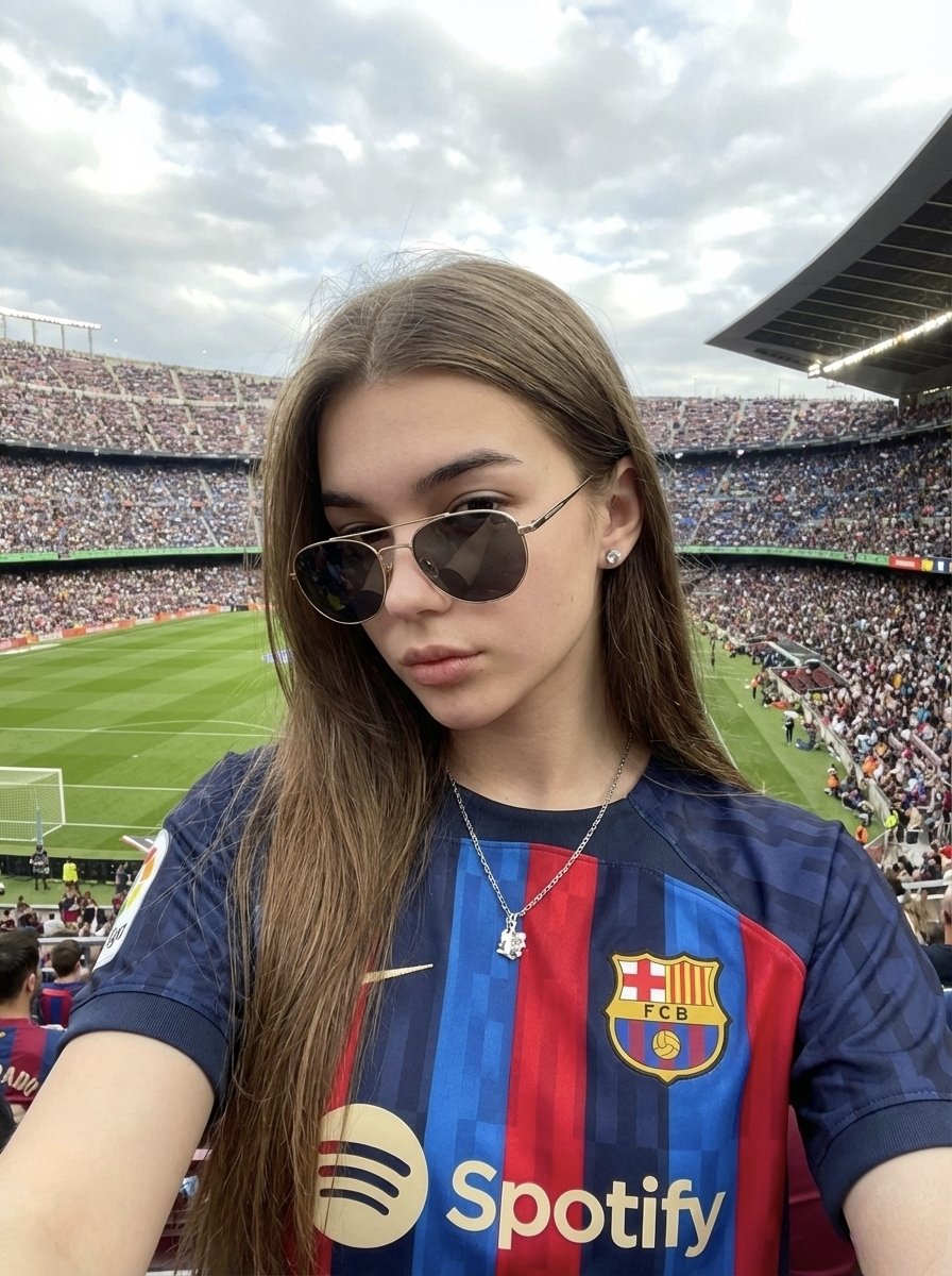 Selbstbewusste Frau im FC Barcelona Trikot beim Stadion Selfie