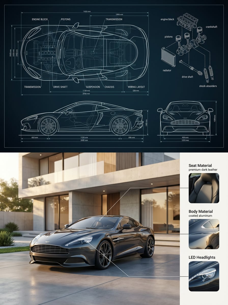 Premium Automotive Blueprint Split Composition | Nano Banana Pro