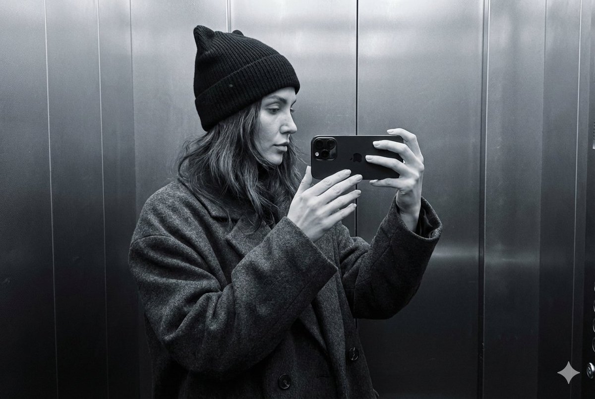 Photorealistic Profile Selfie: Minimalist Monochrome Elevator Shot