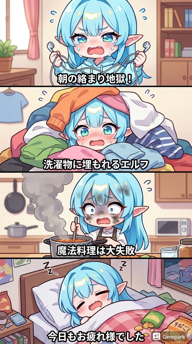 Title-like prompt for clumsy elf’s day 4-koma