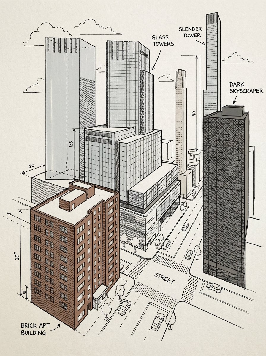 Hand-drawn isometric street scene illustration
