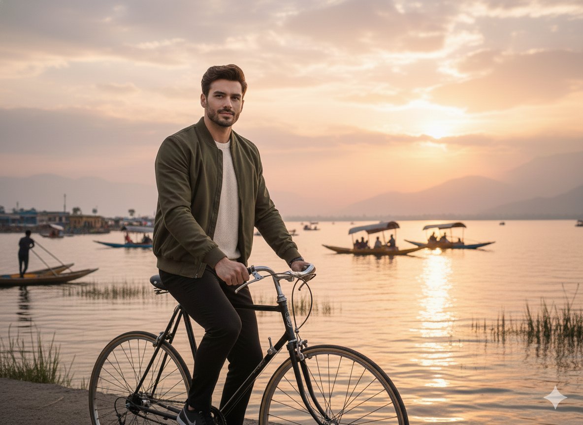 Dal Lake sunset bicycle ride - cinematic travel photo