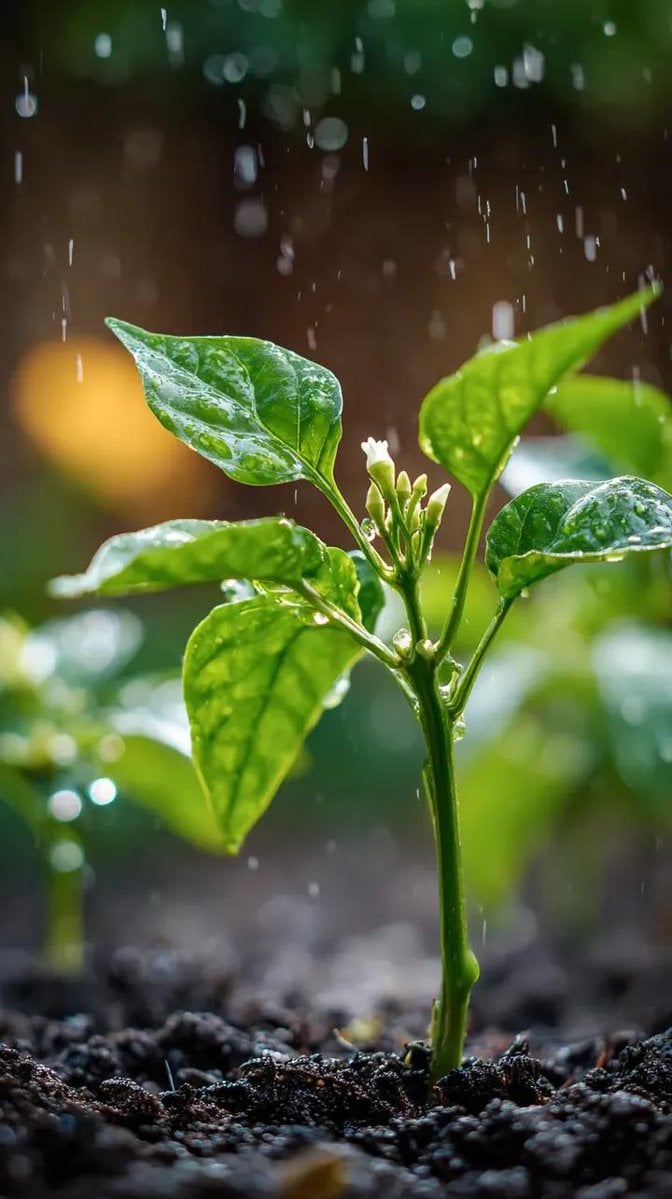 辣椒植株微距雨景 – Nano Banana 图像提示